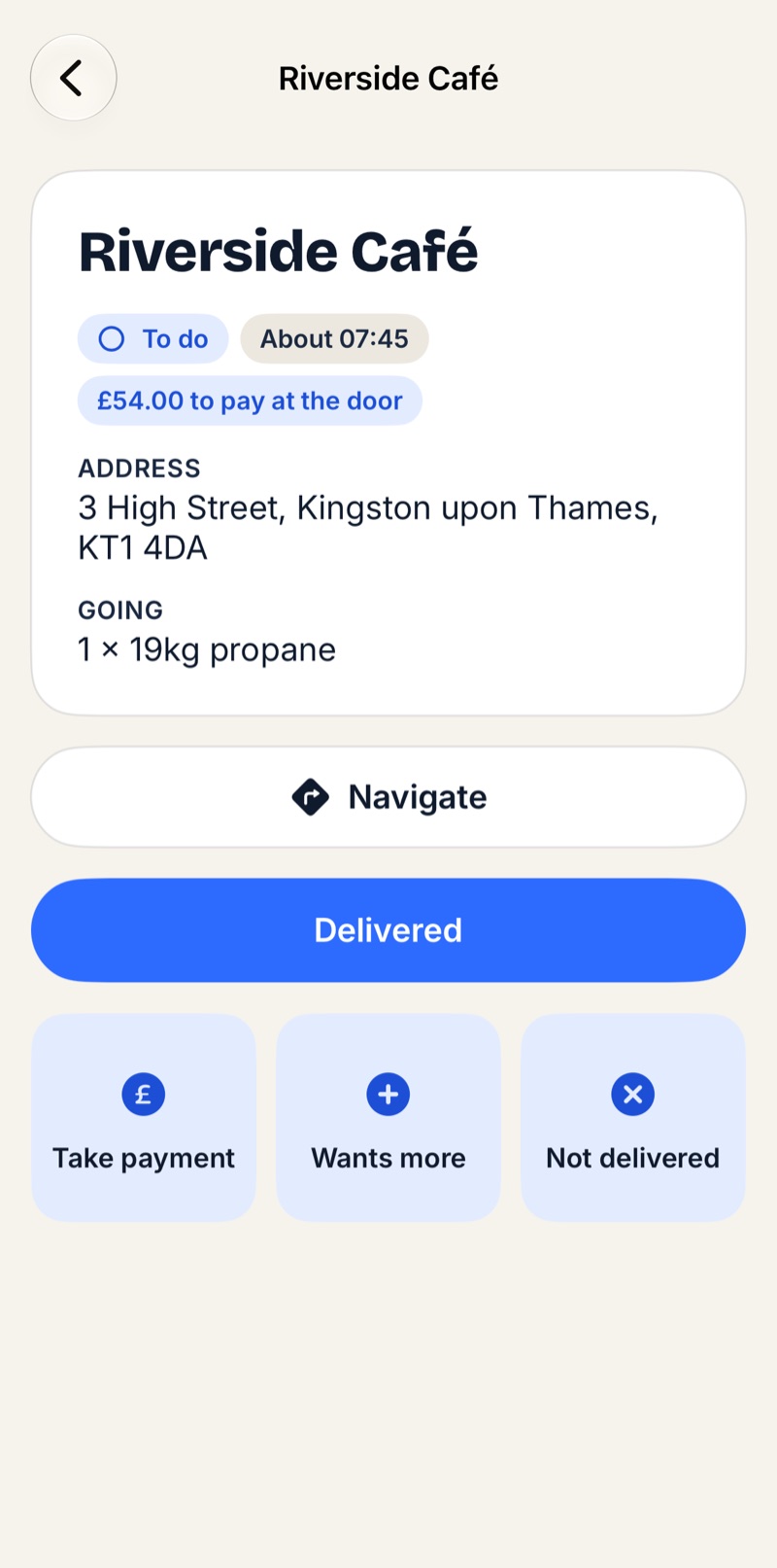 Riverside Café delivery: address, £54 to collect and actions to navigate, deliver or take payment.