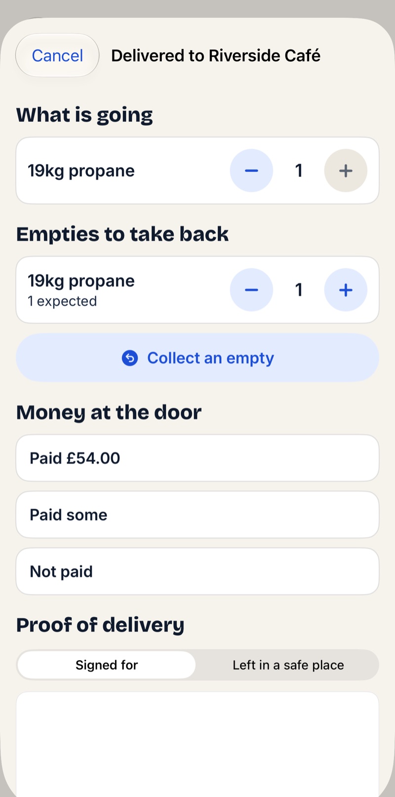 Delivery form with cylinder quantities, empties collected and full, partial or unpaid cash options.