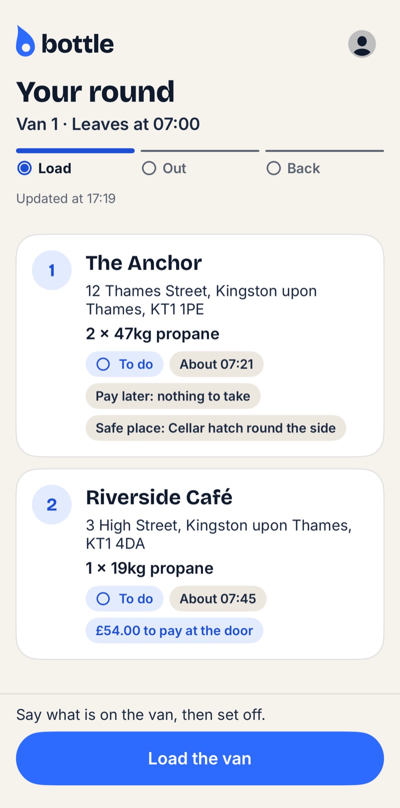Bottle driver app showing the round, delivery addresses, cylinders to load and amounts to collect.