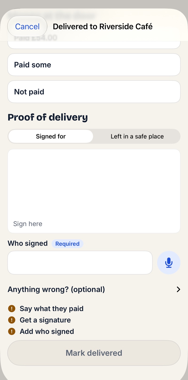Proof of delivery screen with signature capture, recipient name and a checklist of missing details.