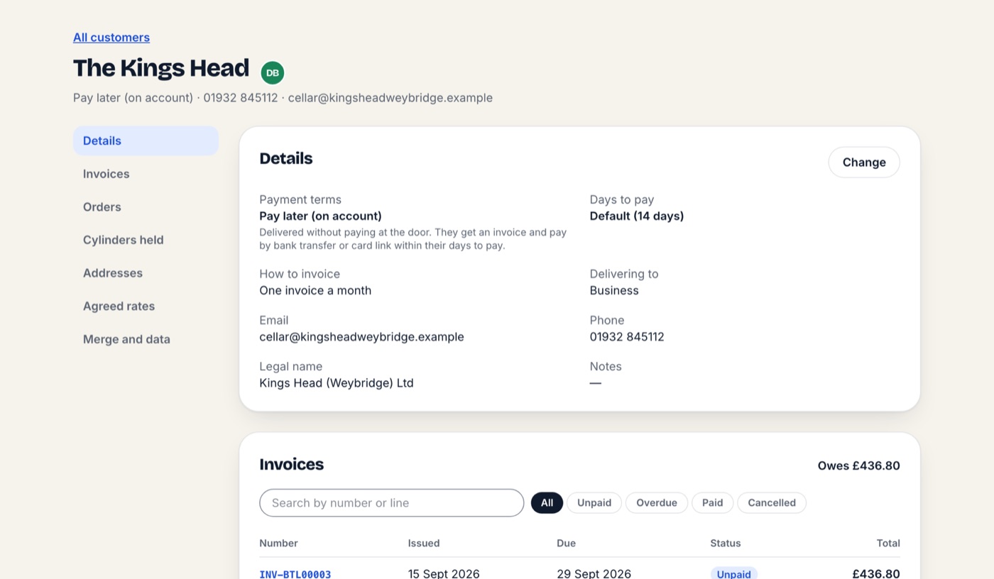 The Kings Head customer record showing payment terms, 14 days to pay and monthly invoicing.