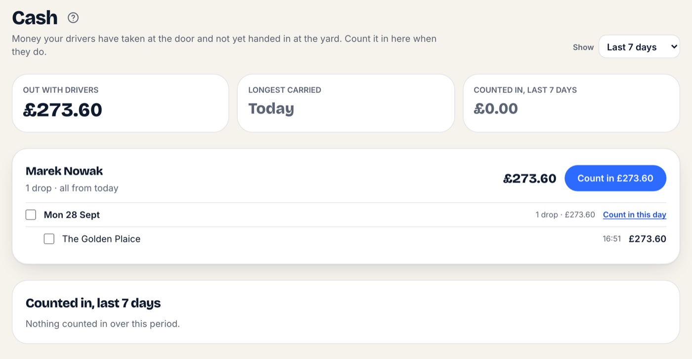 Bottle Cash showing £273.60 with Marek Nowak, the customer and delivery behind the amount, and count-in controls.