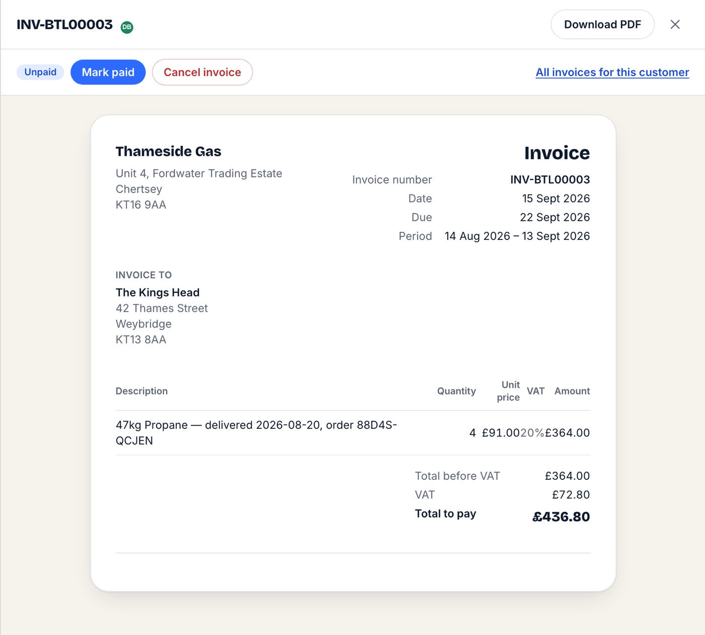 Expanded invoice for The Kings Head showing Thameside Gas details, due date, delivered cylinders, VAT and £436.80 to pay.