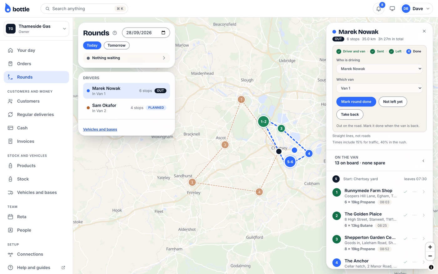 Bottle round planning: drivers and vans alongside a map of deliveries, with the selected driver's stops and delivery progress.