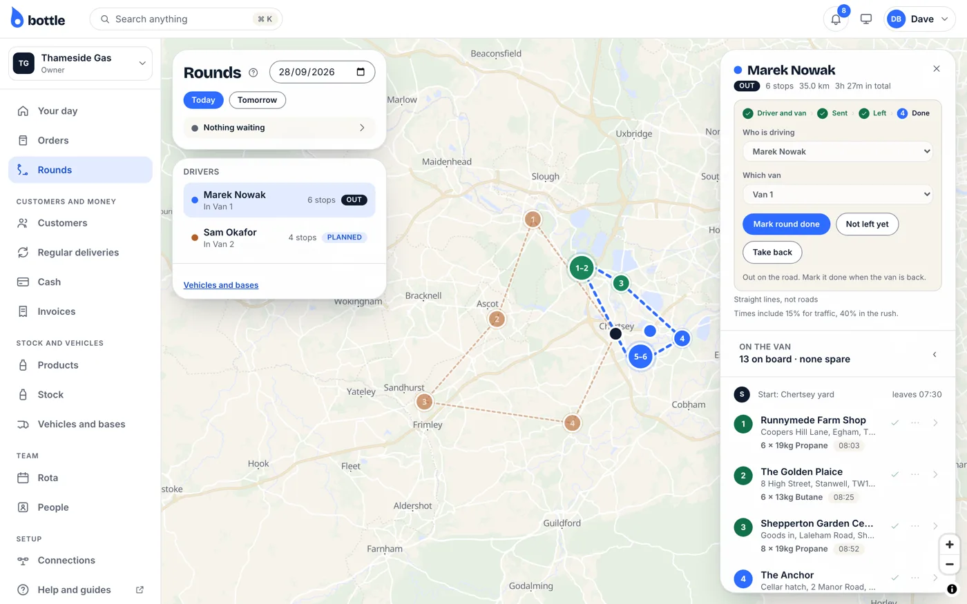 Bottle's rounds planner showing Marek's six-stop round alongside the delivery map.