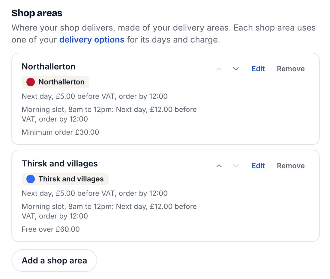Shop areas in Bottle: Northallerton with next-day and morning slot options and a £30.00 minimum order, and Thirsk and villages with the same options and free delivery over £60.00.