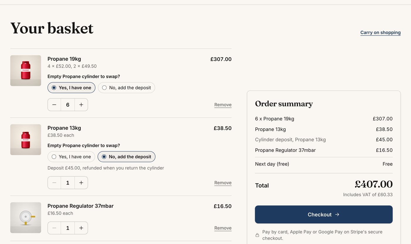 A shop basket: six 19kg propane cylinders swapped for empties, one 13kg propane with no empty and a £45.00 deposit refunded when the cylinder is returned, and an order summary of £407.00.