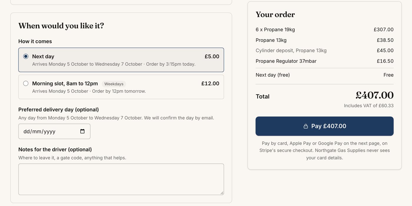 Checkout with a choice of next-day delivery or a morning slot, the terms of sale agreed, and a Pay £407.00 button that says the shopper pays by card, Apple Pay or Google Pay on Stripe's secure checkout.