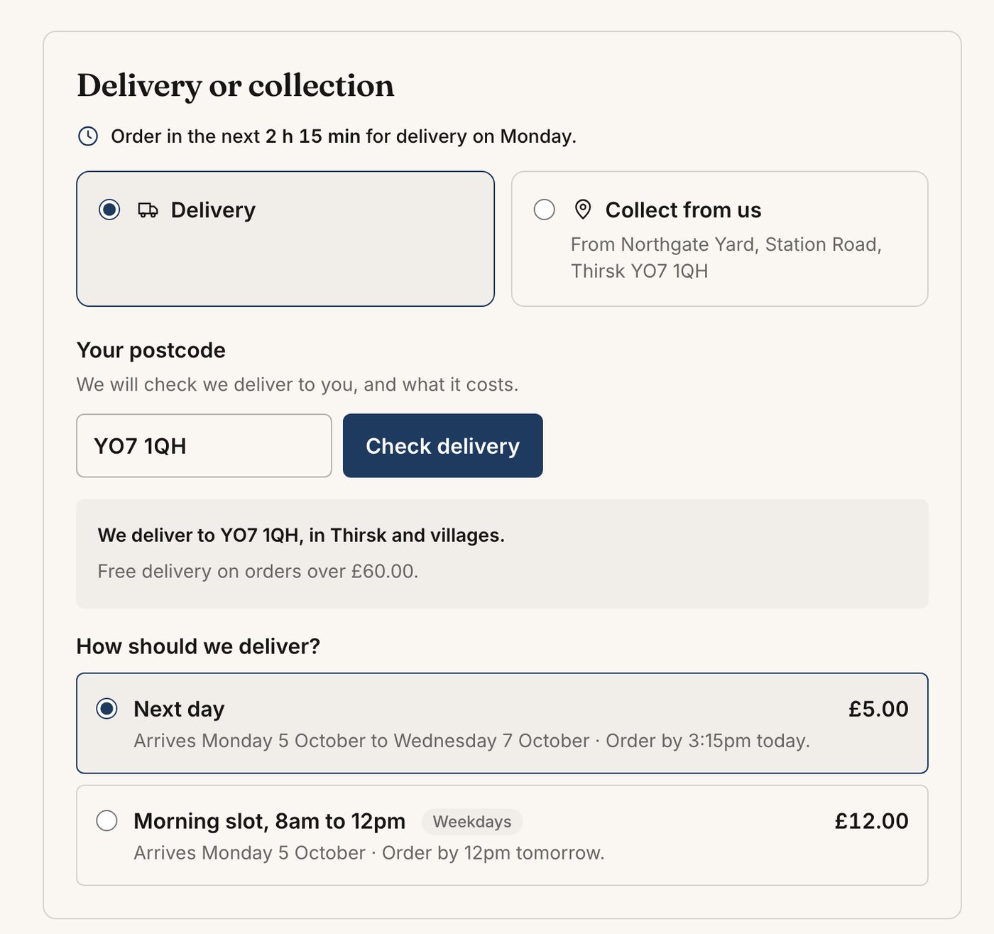 Delivery or collection in the basket: a countdown to order in the next 2 hours 15 minutes for delivery on Monday, the postcode YO7 1QH covered by Thirsk and villages with free delivery over £60.00, and two delivery options with their days and charges.