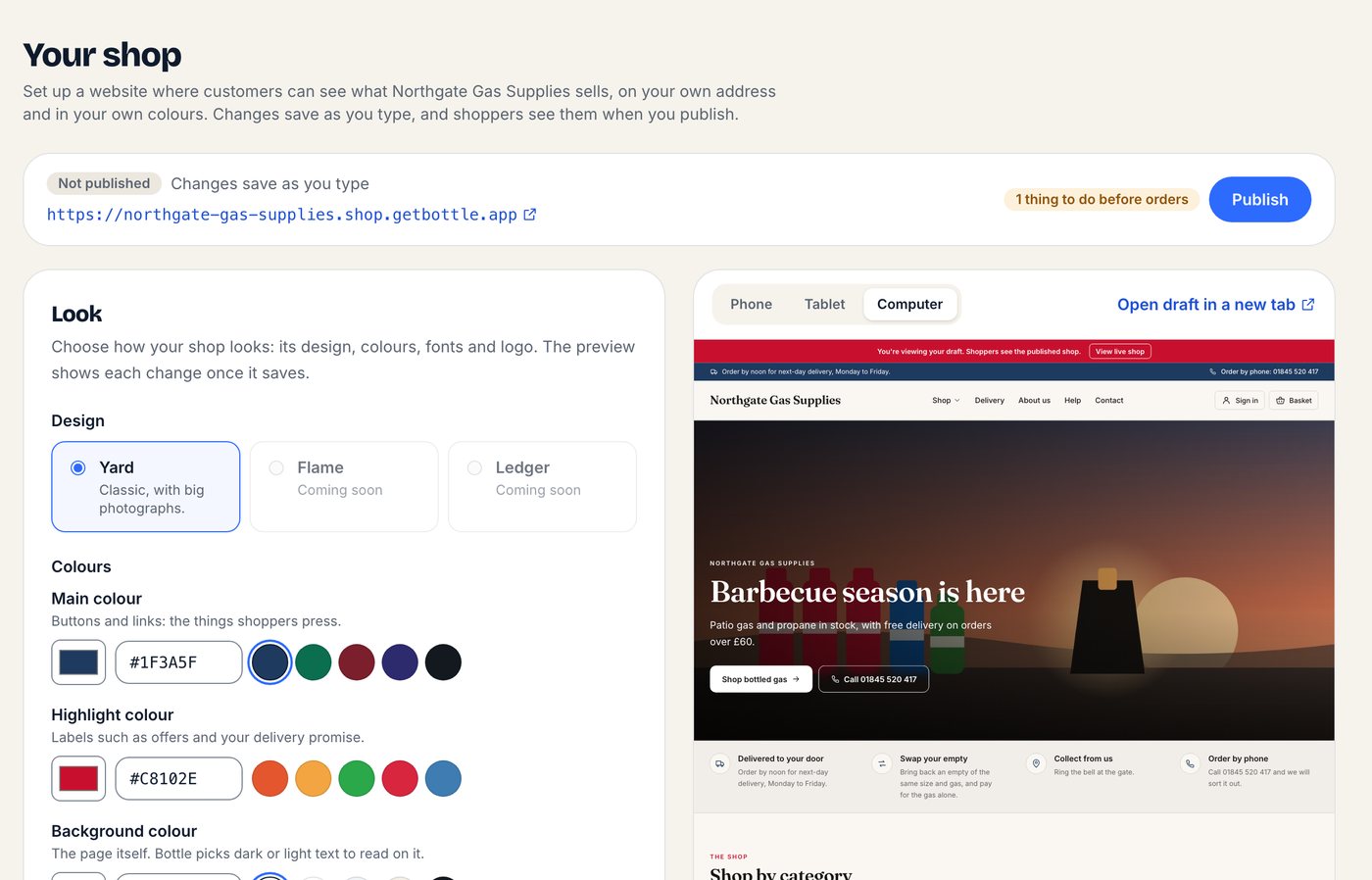 The Your shop page in Bottle: the shop is not published yet, with its address, a Publish button, colour choices on the left and a live preview of the shop's home page on the right.