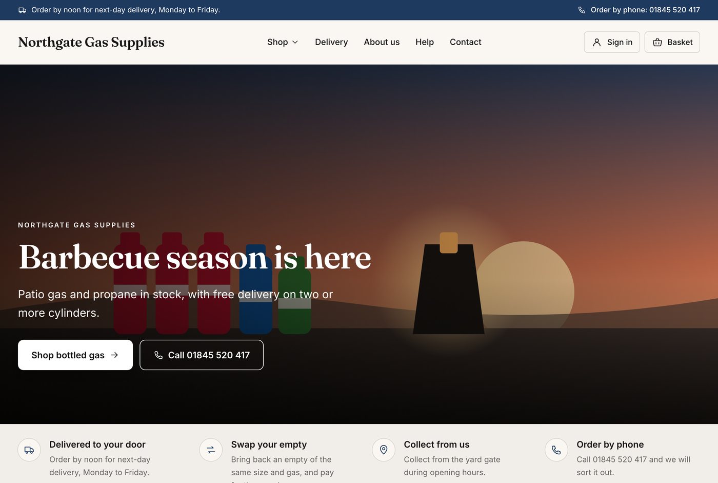 The home page of a Bottle Shop for Northgate Gas Supplies: a barbecue season banner, a button to shop bottled gas, the phone number, and notes on delivery, swapping empties and collection.