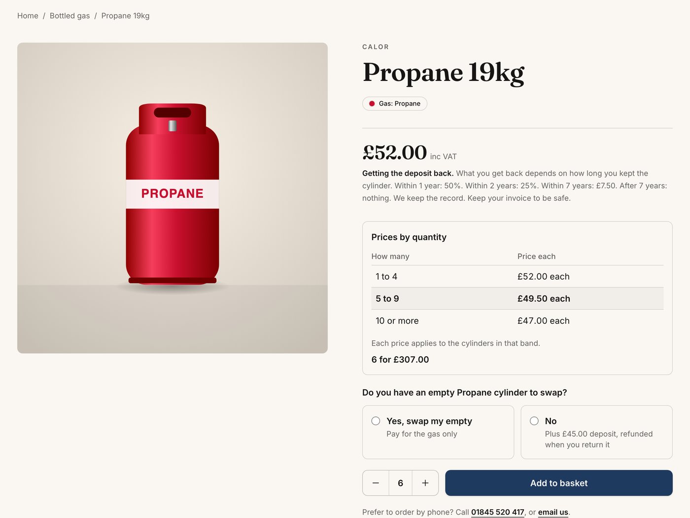 The page for a 19kg propane cylinder: £52.00 for one to four, £49.50 for five to nine and £47.00 for ten or more, six for £307.00, how the deposit comes back, and a question about swapping an empty.