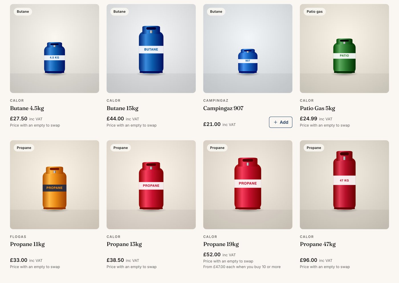 A Bottled gas shelf of eight cylinders, each with its gas, its price including VAT and a note that the price is with an empty to swap. The 19kg propane says it is £47.00 each when you buy ten or more.
