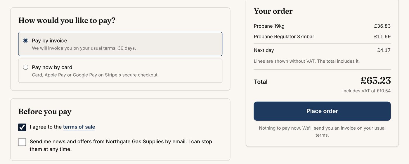 Checkout for a signed-in trade customer: Pay by invoice is chosen, on usual terms of 30 days, with prices shown without VAT and a Place order button that says there is nothing to pay now.