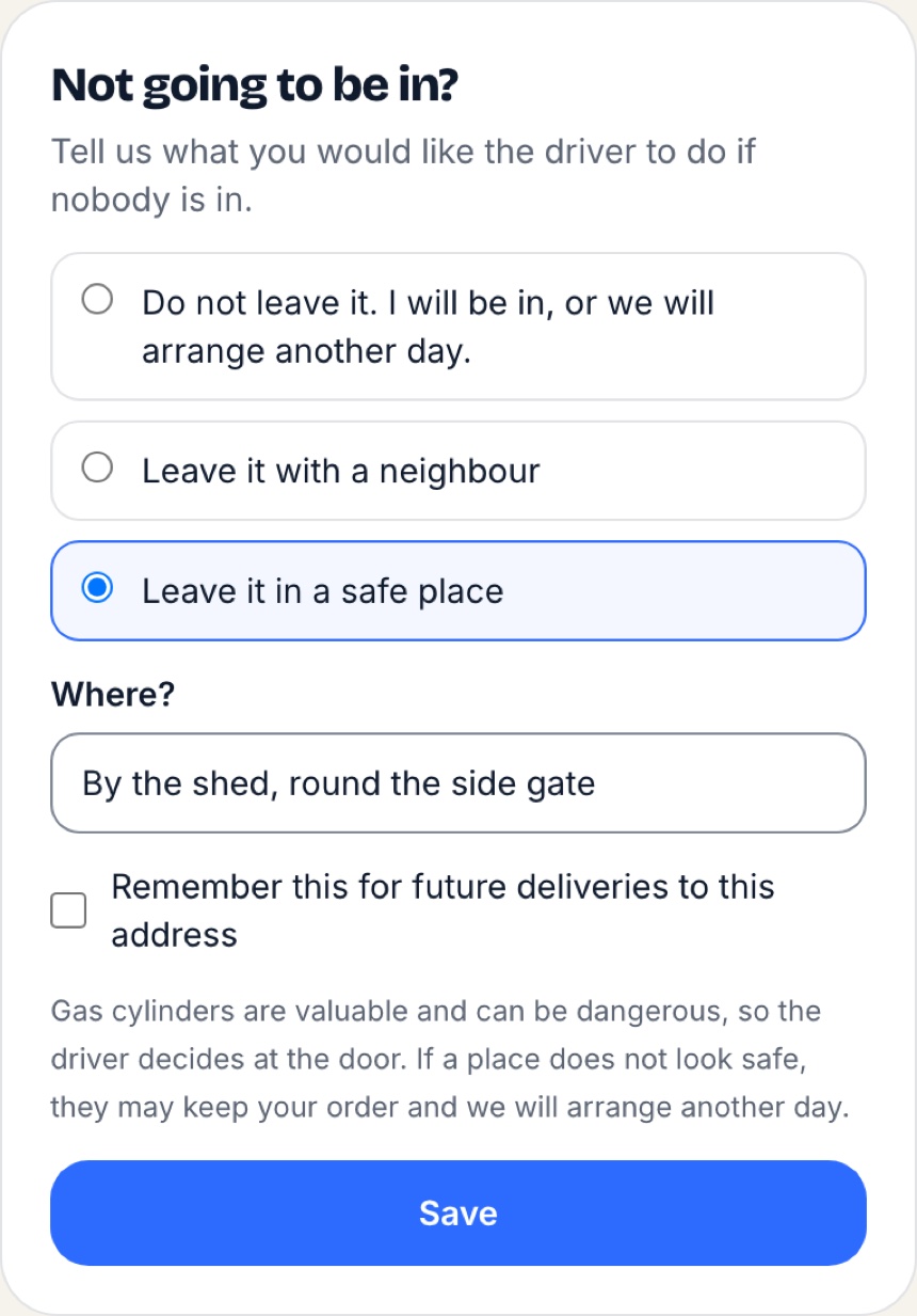 Real tracking form with do not leave, neighbour and safe-place choices; instructions say by the shed, round the side gate.