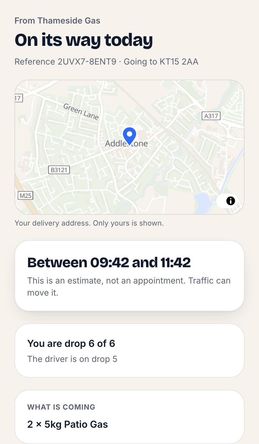 Customer tracking page: on its way today, estimated delivery between 09:42 and 11:42, drop 6 of 6 with the driver on drop 5.